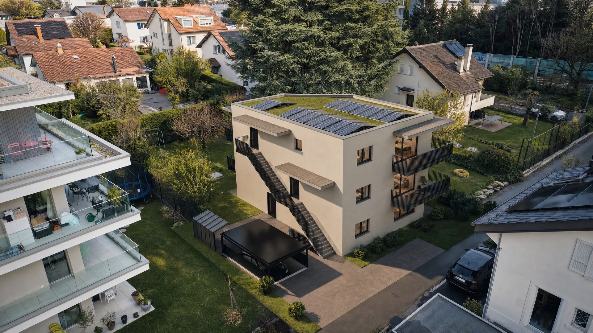 Vue aérienne du quartier de la Résidence du Cèdre, Morges
