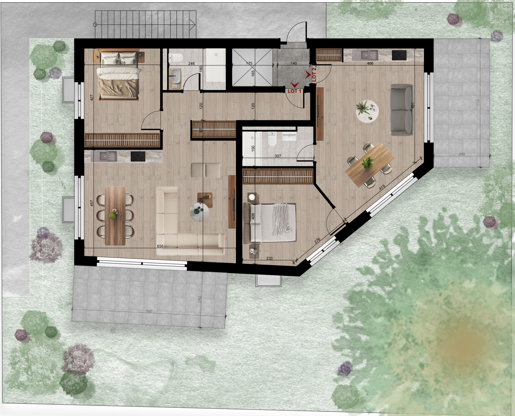 Plan 3D du Lot 1 - 2,5 pièces RDC avec jardin